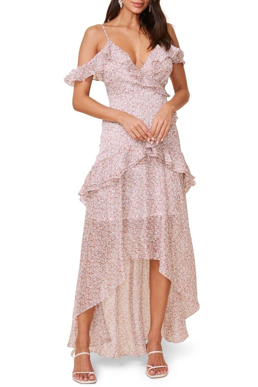 ASTR the Label Pemberley Floral Print Off-The-Shoulder Asymmetric Ruffle Maxi Dr